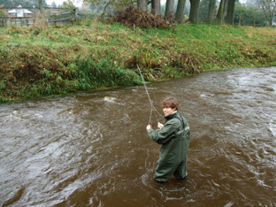 Angler aus Schwein beim Fliegenfischen